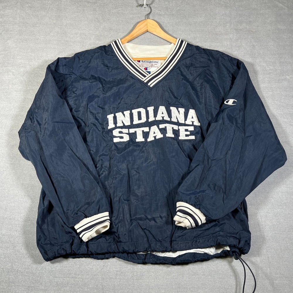 Champion Indiana State Pullover V-Neck Windbreaker Jacket Mens XL Oversized Blue